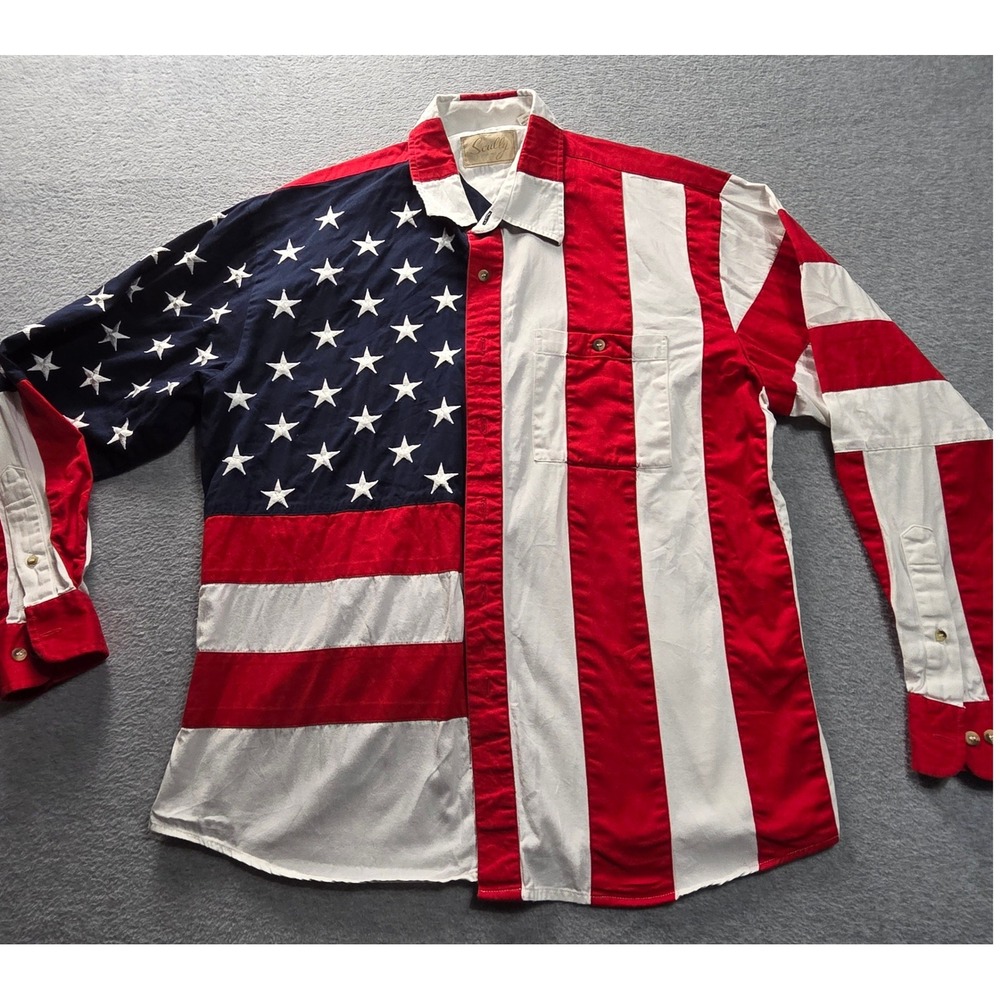 Scully Mens XL American Flag Long Sleeve‎ Shirt Patriotic Stars Stripes RW029